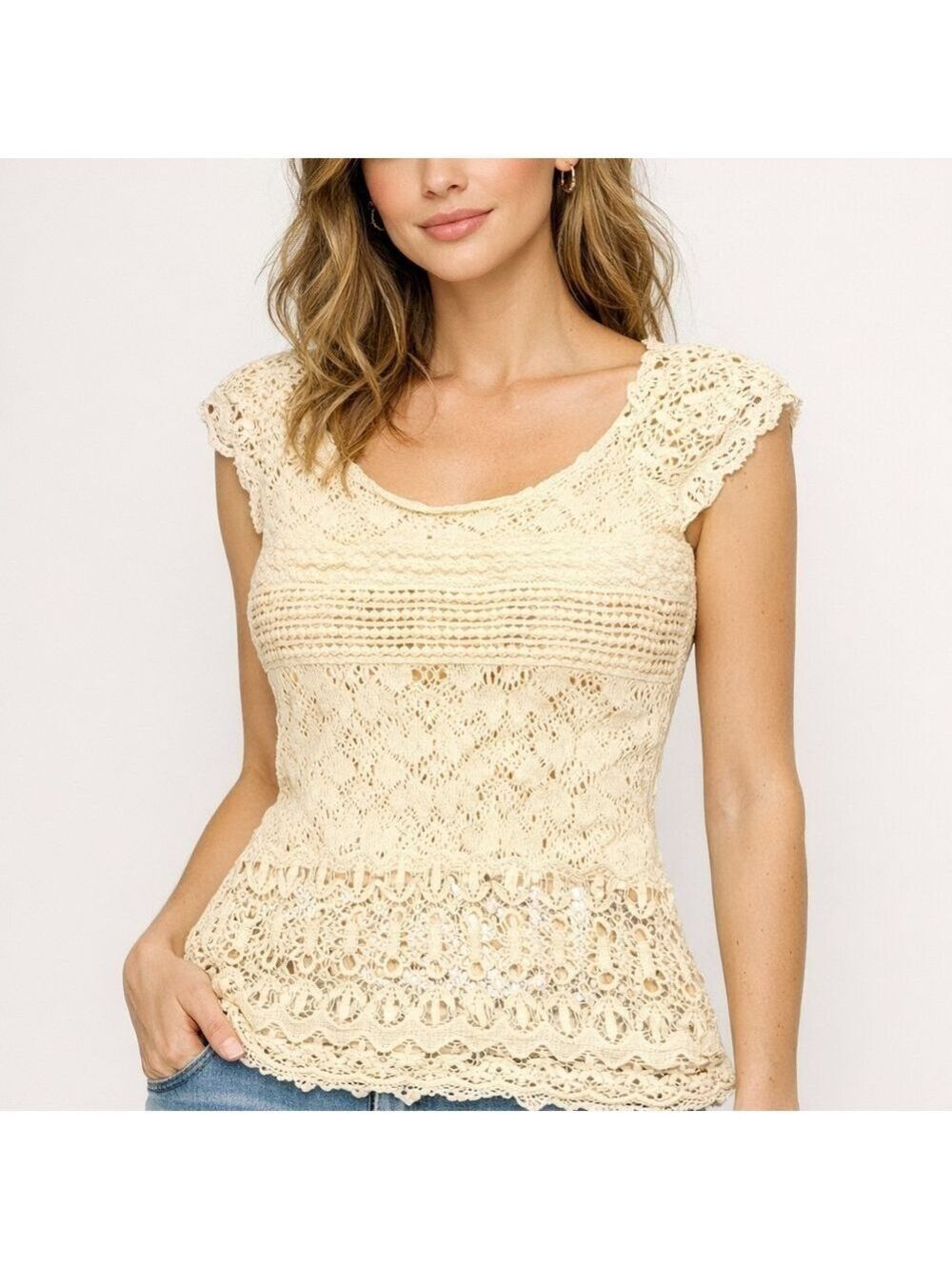 One.September Lace Cap Cream Ecru Crochet Knit Cotton Sweater Top Blouse Size XS